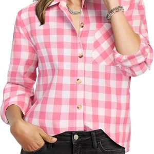 Zeagoo Womens Plaid Shirts Cotton Classic Long Sleeve Button Down Collared Casual Tops Lightweight Autumn Blouses