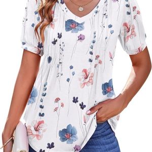 Zeagoo Women's Puff Short Sleeve Boho Shirts Casual V Neck Floral Solid Summer Blouse Pleated Casual Tunic Top