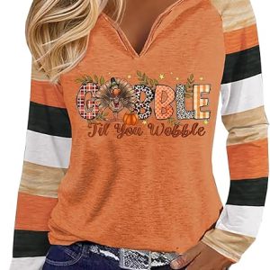 jusgai Women Color Block Thanksgiving Shirt Gobble Gobble Letter Print Long Sleeve Raglan Tshirt Thanksgiving Gift Tee Tops