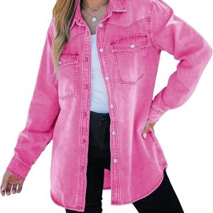 luvamia Long Denim Jacket for Women Lightweight Trendy Jean Button Down Shirts Jackets