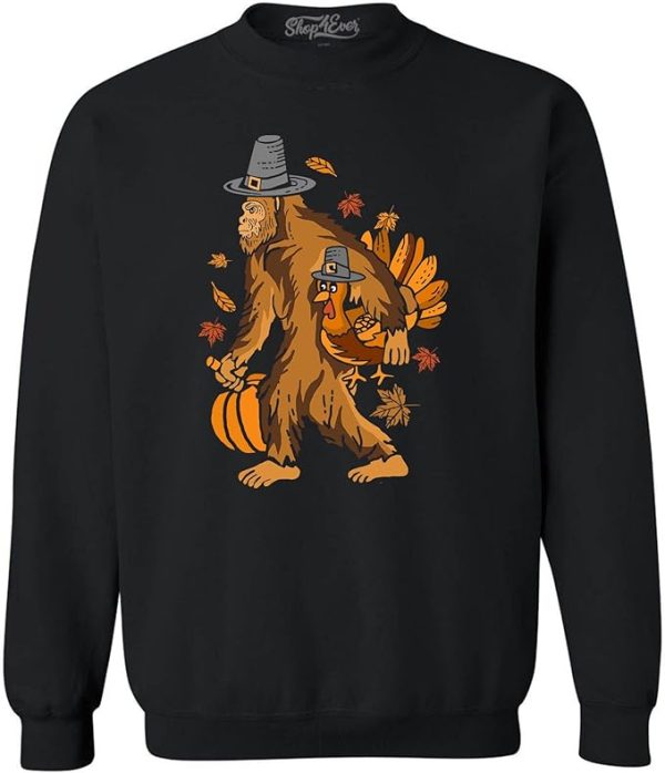 shop4ever Bigfoot Pilgrim Turkey Pumpkin Thanksgiving Sasquatch Crewneck Sweatshirts