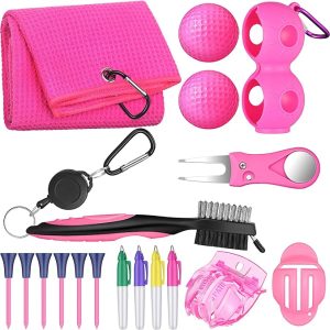 18 Pcs Pink Golf Accessories Kit Include Golf Ball Marker Golf Balls Holder Club Groove Cleaner Brush Divot Repair Plastic Tees Pink Golf