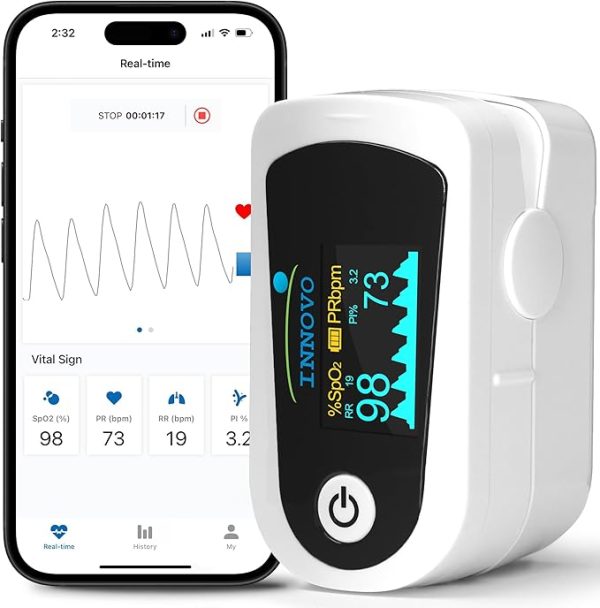 2024 Innovo iP900BP-B Bluetooth Fingertip Pulse Oximeter, Blood Oxygen Monitor with Free App, Plethysmograph, and Perfusion Index