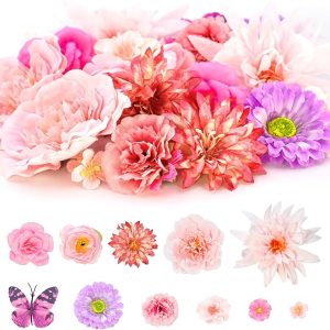 32PCS Fake Flowers Heads,Mini Artificial Flower Heads Fake Peony Daisy Rose Flowers Butterfly Bulk for Crafts Garland Wedding