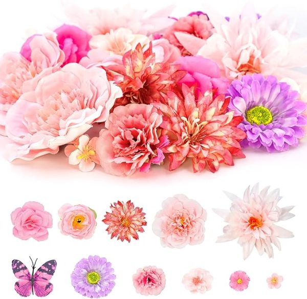 32PCS Fake Flowers Heads,Mini Artificial Flower Heads Fake Peony Daisy Rose Flowers Butterfly Bulk for Crafts Garland Wedding