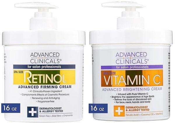 Advanced Clinicals Retinol Body Lotion + Brightening Vitamin C Cream 2pc Skin Care Set | Skin Tightening Body Moisturizer & Face Lotion