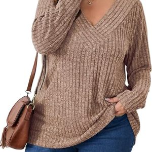 BELAROI Plus Size Sweater for Curvy Women Casual Tunic Tops Lightweight V Neck Pullover Long Sleeve Loose Fall Winter Shirts