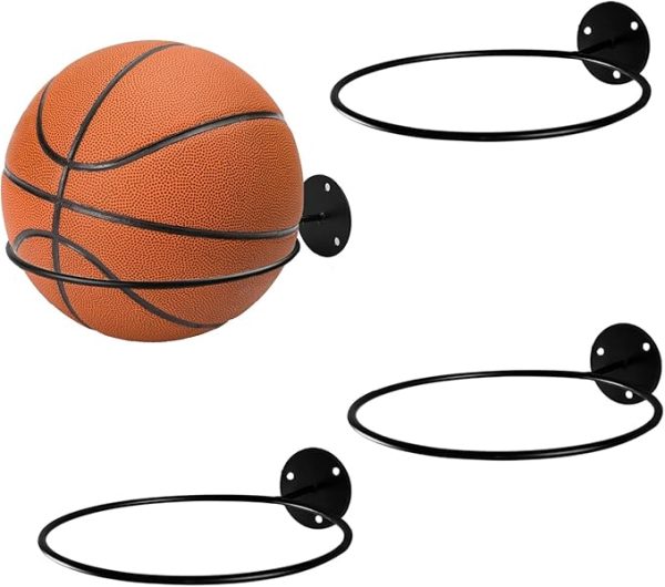 Basketball Holder Wall Mount, Ball Holder Wall Mount, Universal Metal Ball Holder for Basketball Football Volleyball Soccer Storage Display (4 Pieces, Black)