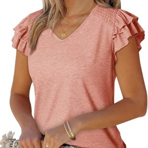 Dokotoo Women's Casual Ruffle Short Sleeve Tops Cute Solid Color Knit Ribbed T Shirts Blouses