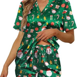 Ekouaer Silk Pajamas for Women Short Sleeve Sleepwear Two-piece Pjs Set Soft V Neck Loungewear Tops with Pj Shorts S-XXL