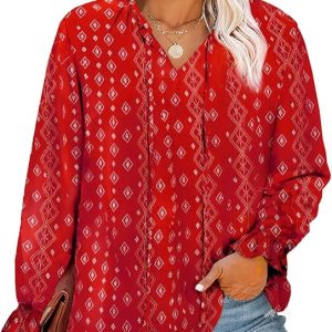 Eytino Women Plus Size Boho Floral Printed Tops Casual V Neck Long Sleeve Drawstring Blouses Shirts(1X-5X)