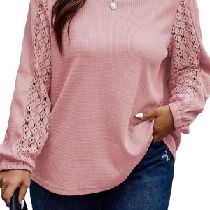 Eytino Womens Plus Size Tops Lace Long Sleeve Waffle T Shirts Casual Crewneck Tunic Tops(1X-5X)