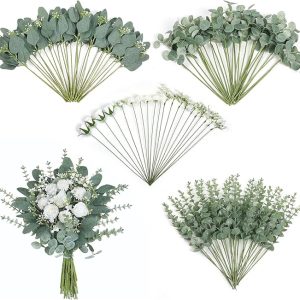 FOTEEWL 110 Pcs 7 Kinds Mixed Eucalyptus Leaves Stems and Artificial Flowers, Bulk Faux Silver Dollar Eucalyptus Leaves Branches for Wedding