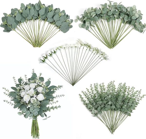 FOTEEWL 110 Pcs 7 Kinds Mixed Eucalyptus Leaves Stems and Artificial Flowers, Bulk Faux Silver Dollar Eucalyptus Leaves Branches for Wedding