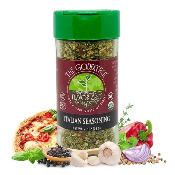 Flavor Seed Godfather Organic Italian Seasoning for Pasta Salad, Tomato Sauces, Pizza Topping, Meat & Vegetables. Mediterranean Blend of Herbs and Spices, Non GMO, Kosher, Vegan