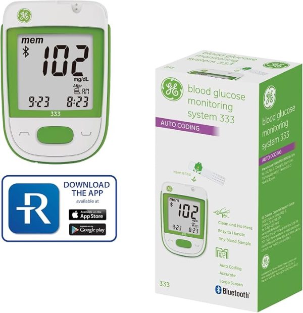 GE333 Blood Glucose Monitoring System | Glucometer | Auto Coding | 5-Second Results | Bluetooth Rightest Care App Connection | Easy-to-Read Display