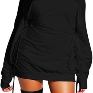 GOKATOSAU Women's Sexy Casual Off Shoulder Long Sleeve Lace Up Loose Club Mini Dress