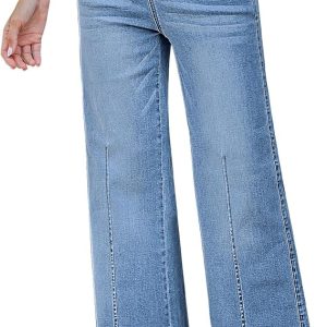 GRAPENT Pull On Womens Jeans Baggy Stretchy High Waisted Denim Wide Leg Trouser Pants Trendy Front Seam 90s Loose Jean