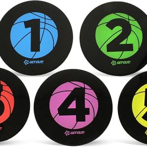 Get Out! Basketball Training Large 9in Disc Spot Markers 5-Pack – Round Flat Numbered Court Floor Poly Vinyl Spots