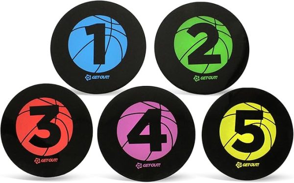 Get Out! Basketball Training Large 9in Disc Spot Markers 5-Pack – Round Flat Numbered Court Floor Poly Vinyl Spots