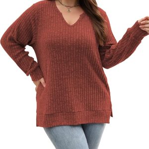 Gloria&Sarah Women's Casual Long Sleeve V Neck Lightweight Knitted Sweaters Loose Fit Plus Size Tunic Tops L-4XL