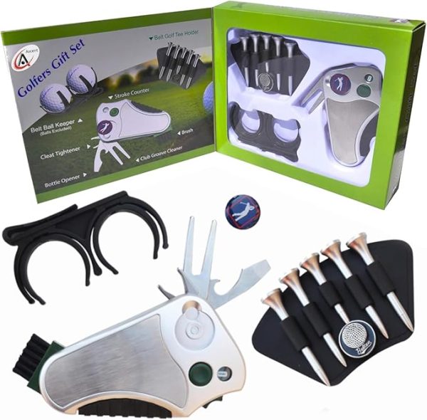 Golfer's Best Golf Gift Set: Tool - Stroke Counter, Divot Tool Repair, Brush, Ball Marker, Cleat Tightener