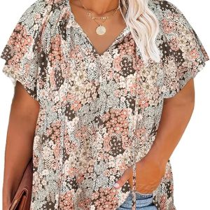 Halife Women's Plus Size Boho Tops Floral Printed V Neck Casual Summer Blouses Shirts