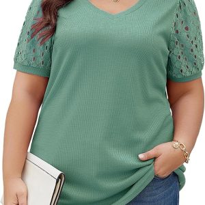 Halife Women's Plus Size Tops V Neck Summer Blouse Short Lace Sleeve Waffle Knit Shirts