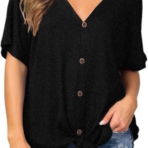 IWOLLENCE Women's Waffle Knit Tunic Blouse Tie Knot Short Sleeve Henley Tops Loose Fitting Bat Wing Shirts