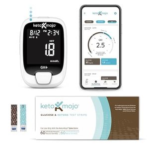 KETO-MOJO GK+ Glucose & Ketone Testing Kit + Test Strip COMBO Pack & Free APP for Ketosis & Metabolic Management Includes: 70 Glucose + 70 Ketone Strips (140ct)