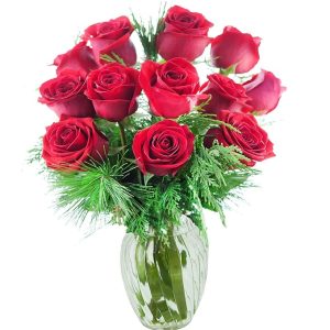 KaBloom PRIME NEXT DAY DELIVERY -Holiday Collection:Under the Mistletoe With Red Roses and Greens with Vase