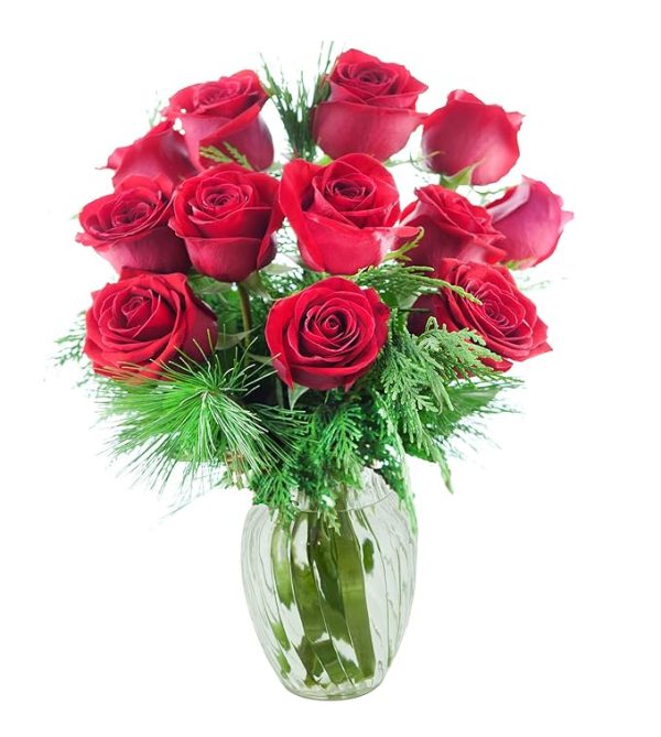 KaBloom PRIME NEXT DAY DELIVERY -Holiday Collection:Under the Mistletoe With Red Roses and Greens with Vase