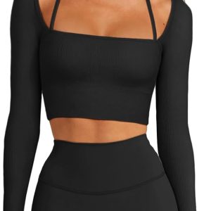 LASLULU Womens Sexy Square Neck Crop Top Ribbed Seamless Long Sleeve Workout Tops Halter Neck Yoga Tops with Built in Bra