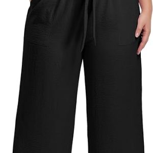 OLRIK Women's Casual Plus Size Pants High Waisted Self-tie Belted Lounge Pants Straight Long Trousers with Pockets