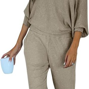 PRETTYGARDEN Women's 2 Piece Ribbed Tracksuit Outfits Off Shoulder Long Sleeve Pullover Lounge Pants with Pockets