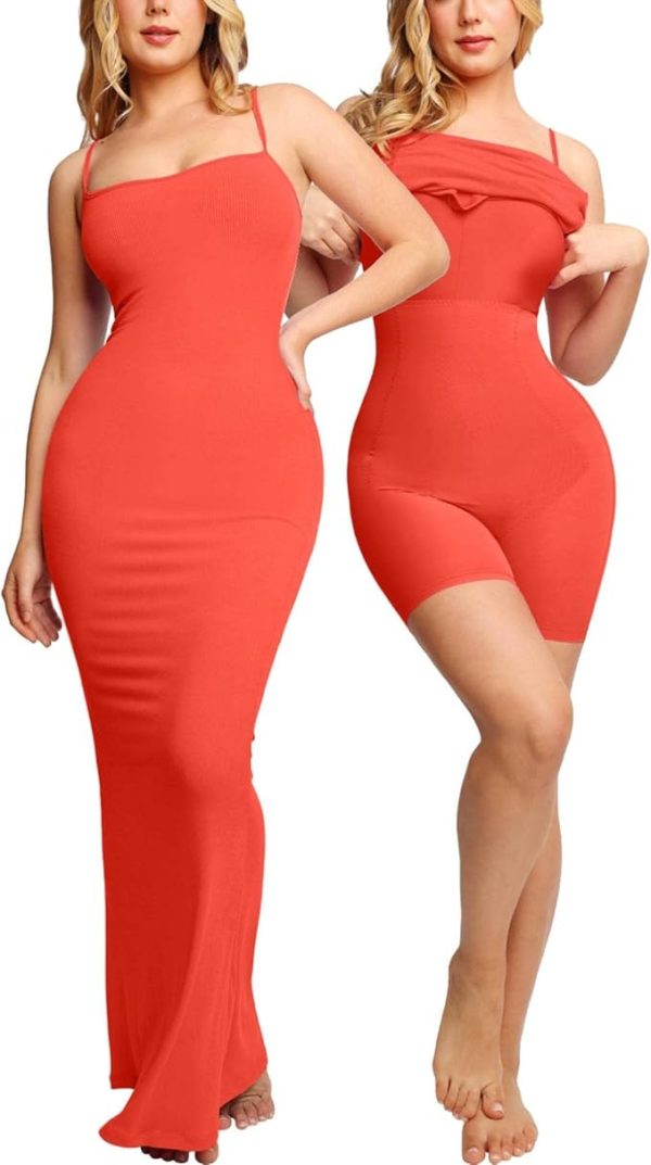 Popilush Shapewear Dress Womens Summer Long Dresses Built-in Bra Slip Bodycon Maxi Dress with Adjustable Straps