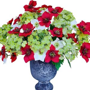 Premium Silk Faux Floral Arrangements, Fake Green Snowball Flowers and Red Christmas Roses with Stem, Artificial Flower Bouquets for Home Decor