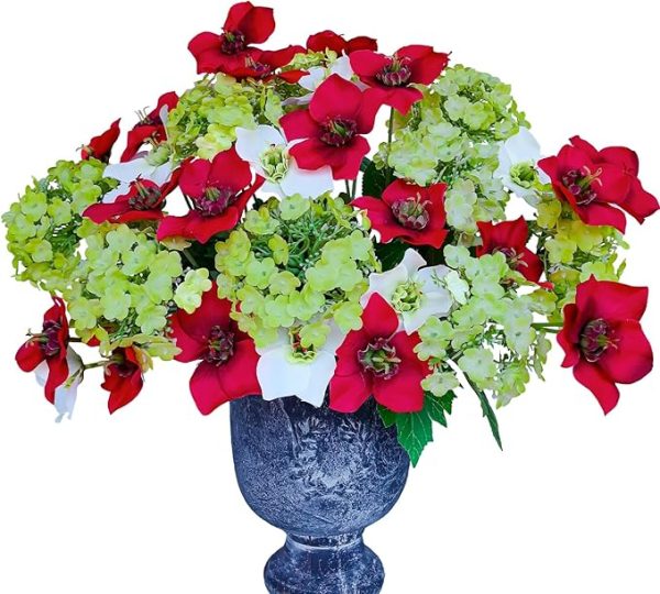 Premium Silk Faux Floral Arrangements, Fake Green Snowball Flowers and Red Christmas Roses with Stem, Artificial Flower Bouquets for Home Decor