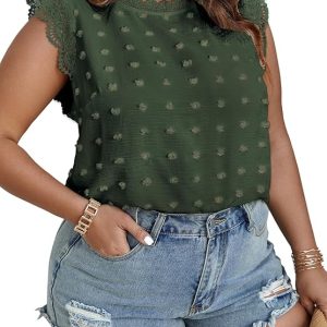 SCOMCHIC Women Plus Size Tank Tops Cute Summer Sleeveless Blouses Lace Trim Cap Sleeve Crewneck Swiss Dot Babydoll Tops