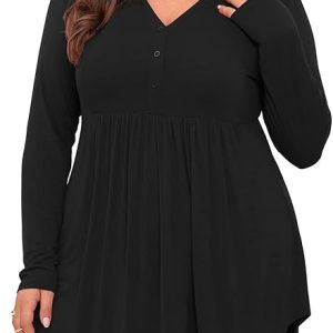 SHIJIALI Women's Plus Size Henley Shirts V Neck Button Tunic Tops Casual Long Sleeve Swing Flowy Blouse