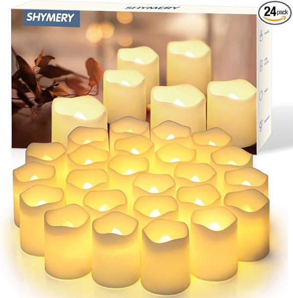 SHYMERY Flameless Votive Candles,Flameless Flickering Electric Fake Candle,24 Pack 200+Hour Battery Operated LED Tea Lights in Warm White for Wedding