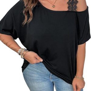 SOLY HUX Women's Plus Size Cold Shoulder Contrast Lace Short Sleeve Tee T Shirt Summer Tops