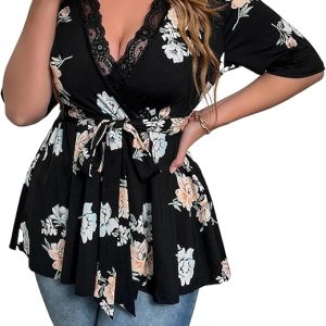 SOLY HUX Women's Plus Size Peplum Tops V Neck Wrap Tie Front Floral Print Lace Trim Casual T Shirt Tops