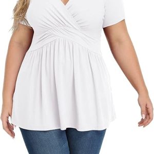 TIANZHU Women's Plus Size Dressy Tops Wrap Shirt Short Sleeve Tunic Top V Neck Low Cut Cute Blouse