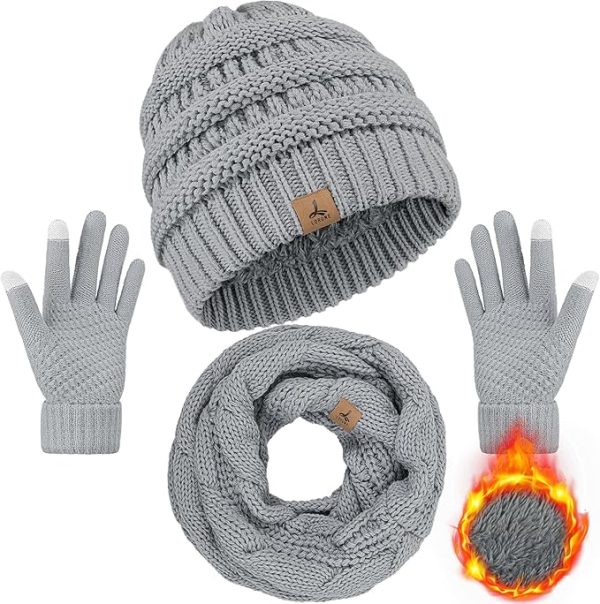 Warm Fleece Knit Winter Hats Touch Screen Gloves Neck Scarf Set Christmas Gifts for Women