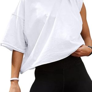 Women's Oversize Workout Crop Tops Casual Short Sleeve Drop Shoulder Boxy T-Shirts Roll Hem Basic Loose Yoga Running Tees