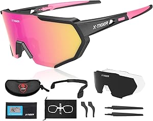 X-TIGER Polarized Sports Sunglasses with 5 Interchangeable Lenses,Mens Womens Cycling Bike Glasses,Baseball Running Fishing