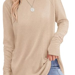 XIEERDUO Womens Tunic Tops to Wear with Leggings Long Sleeve Thumb Hole Shirts Crew Neck Curved Hem