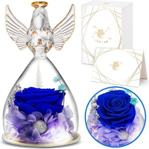 YEEBAY Preserved Flowers Gift for Mom, Grandma, Angel Figurine with Rose & Light, Ideal Birthday, Mother's Day, Valentine's Day, Christmas