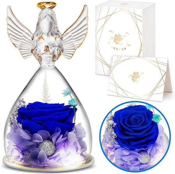 YEEBAY Preserved Flowers Gift for Mom, Grandma, Angel Figurine with Rose & Light, Ideal Birthday, Mother's Day, Valentine's Day, Christmas